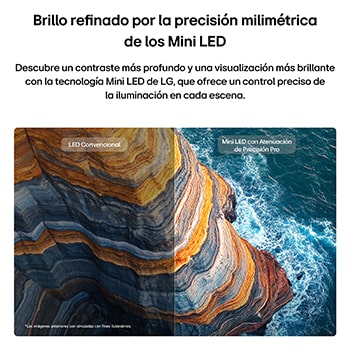 LG QNED AI QNED74 Mini LED highlights how its Mini LED reveals sharper rock textures and clearer ocean detail than conventional LED in a split coastal cliff scene, delivering deeper blacks and more refined contrast for greater clarity and depth.